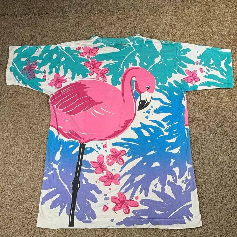 Vintage 90s Flamingo Tropical T-Shirt Colorful Graphic Tee Size L Pre owned